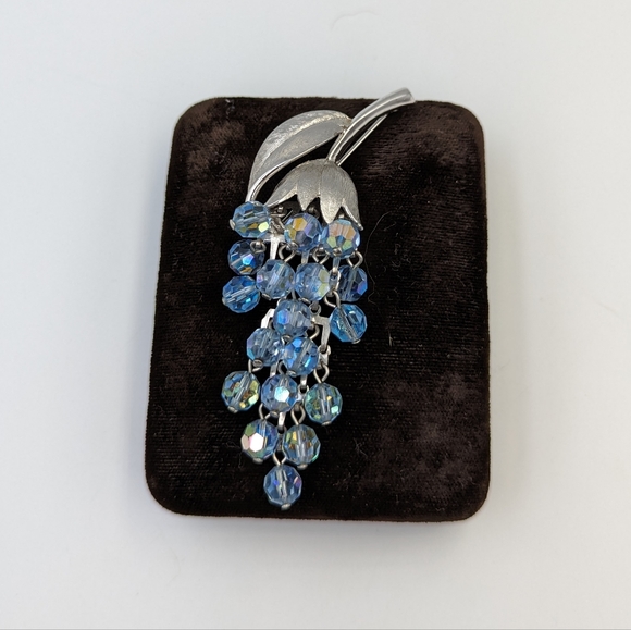 Vintage Silver Tone Articulated AB Blue Glass Beads Flower/Grape Branch Brooch - Picture 4 of 12